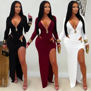 Sexy V-Neck Long Sleeve Cut-out Maxi Dress High Slit Gold Buckle Party Evening Banquet Solid Color Elegant Formal Dress