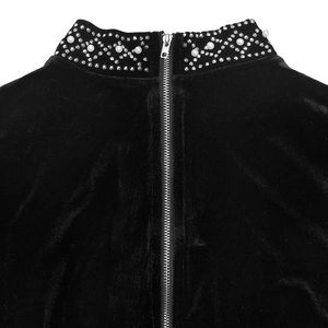 Detail of elegant black velvet top featuring pearls, rhinestones and back zipper