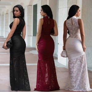 Elegant back view of lace patchwork bodycon evening dresses in black, white, and wine red