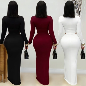 Women's sexy V-neck long sleeve crop top and bodycon fishtail maxi skirt set