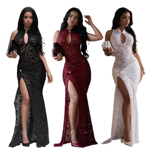 Lace halter maxi dress with cutout front and high slit in black, burgundy, and white colors