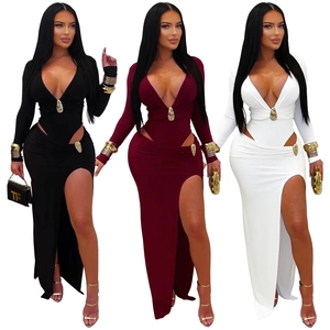 Sexy V-neck long sleeve bodycon dress with waist cutouts and high slit in three colors