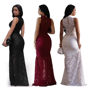 Detailed view of lace spliced bodycon maxi dresses with open back and mermaid hem