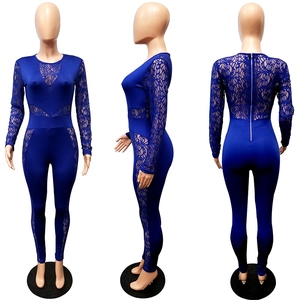 Detailed view of dark blue jumpsuit featuring sheer lace panels and back zipper closure