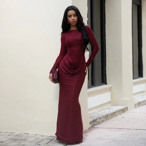 Elegant burgundy long sleeve maxi dress with shimmer fabric and ruched waist detail