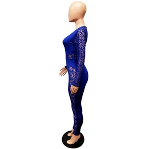 Detail of royal blue lace patchwork on slim fit long sleeve bodysuit for women
