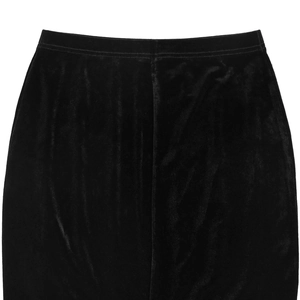 Detail view of high-quality black velvet long skirt showing fabric texture and waist stitching