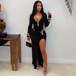 Elegant black long sleeve dress with deep V-neck, waist cut-outs and a high leg slit