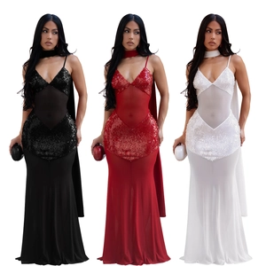 Women's V-neck sequin mesh maxi dress in black, red, and white colors with slim fit