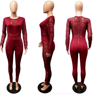 Detailed views of a sexy dark red lace bodysuit with long sleeves and back zipper closure
