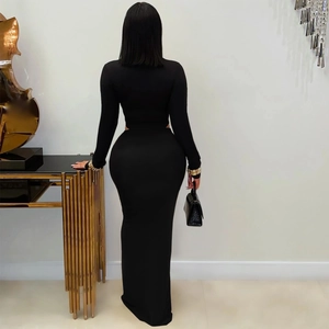 Elegant slim fit long sleeve black bodycon dress with an open back design for women