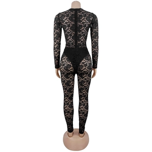 Vue arrière du body en dentelle florale noire transparente avec manches longues et zip