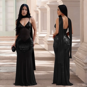Front and back detail of black sequin mermaid gown with mesh panels and long shawl