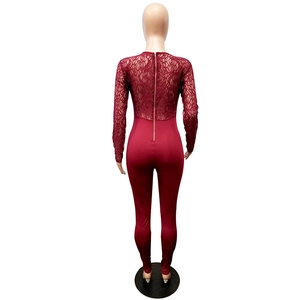 Detail view of the back zipper and floral lace mesh on burgundy long sleeve jumpsuit