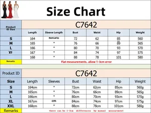 Size chart for halter backless dress C7642 including measurements for S-XXL sizes