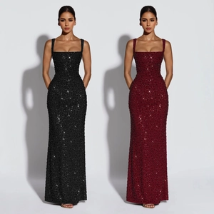 Robe de Soirée Sirène Élégante à Paillettes pour Femmes Dos Nu à Lacets Sexy Formelle Fête Banquet Col Carré Robe Longue Maxi
