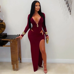 Elegant wine red V-neck long sleeve maxi dress with waist cutouts and metal buckles
