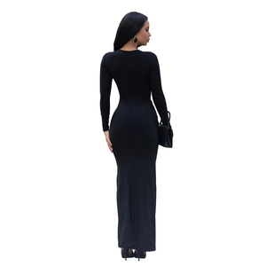 Detailed back view of elegant black long sleeve bodycon dress with fishtail hem