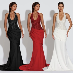 Women Elegant Halter Backless Sequin Mermaid Evening Gown Sexy Ruched Lace Up Maxi Dress For Wedding Banquet Party