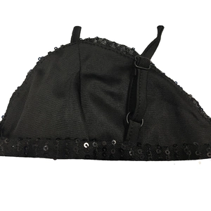 Detail view of black mesh fabric with sewn sequins and adjustable drawstring toggle