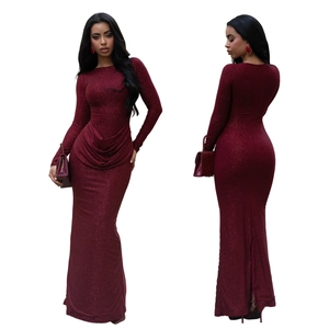 Detail of wine red sequin maxi dress featuring elegant waist draping and back slit