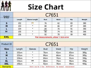 Size chart for C7651 women solid color slim fit wide leg jumpsuit showing S to XXL dimensions