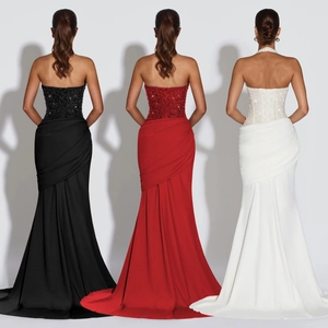 Elegant sequined halter mermaid evening gown with lace-up back in black red and white