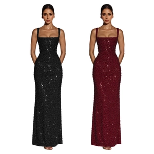 Robes de soirée élégantes à paillettes sans manches en noir et bordeaux, coupe ajustée