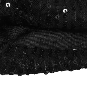 Macro shot of black sequin mesh fabric detail showing intricate sequin craft on an evening dress
