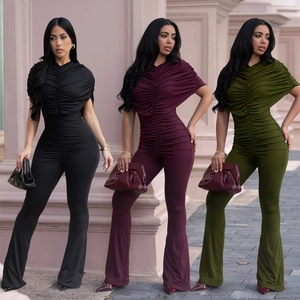 Women Ruched Slim Fit Jumpsuit Elegant Short Sleeve Flare Leg Solid Color Bodycon Long Pant One Piece Party Clubwear