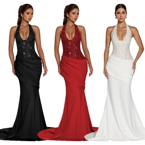Elegant halter backless evening dress with sequin top and fishtail skirt in black red white