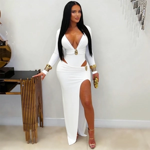Detail of white V-neck long sleeve dress featuring side slit and waist cutout design