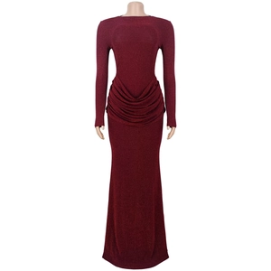Detail of burgundy glitter dress with elegant waist ruching and slim fit texture