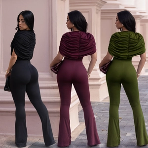 Elegant slim-fit solid color wide-leg jumpsuits shown in black, burgundy and army green