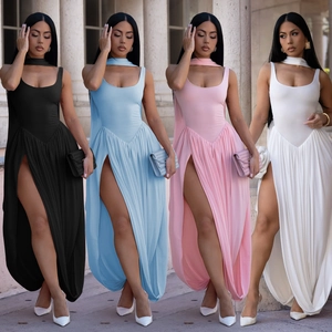 Sexy Sleeveless High Split Maxi Dress Outfit With Sash Pleated Slim Fit Women Solid Color Banquet Party Evening Outfit
