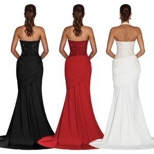 Macro detail of sequined bodice and lace-up back on these elegant backless evening gowns