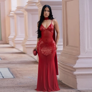 Elegant red sequin mesh V-neck evening gown with fisheye hem and neck strap detail