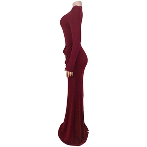 Side view of elegant burgundy glitter dress with slim fit silhouette and back slit