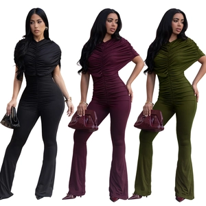 Elegant ruched short sleeve high neck flared jumpsuits in black, wine red, and army green