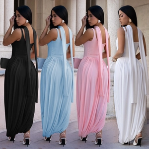 Fashionable halter neck maxi dress with split streamers in black, blue, pink and white