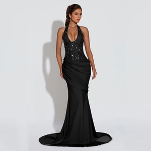 Elegant black sequin halter evening gown with deep V-neck and mermaid tail silhouette