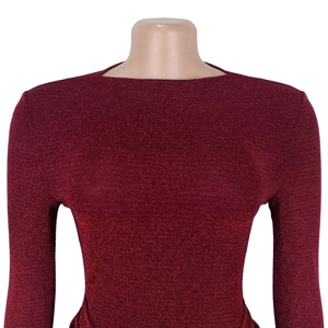 Close-up of elegant wine red long sleeve dress with shimmering glitter fabric texture