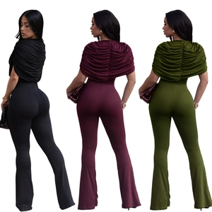 Three elegant jumpsuits in black, burgundy and olive with ruched capelet and flare legs