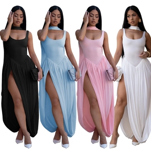 Women's sleeveless halter dress with high slit and neck ribbon in four solid colors