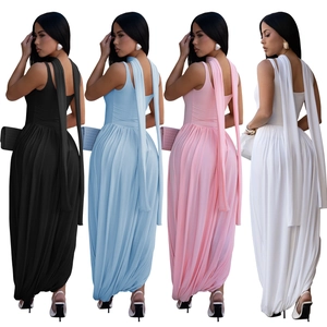 Detail view of backless maxi dress in four colors featuring elegant long shoulder ribbons