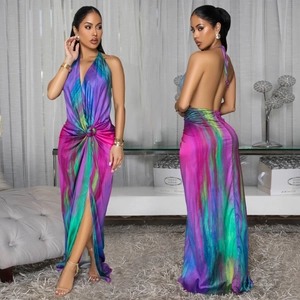 Donna Sexy Scollo All'americana Schiena Scoperta Vestito Lungo Spacco Multicolore Tie Dye Estate Senza Maniche Elegante Festa Vacanza