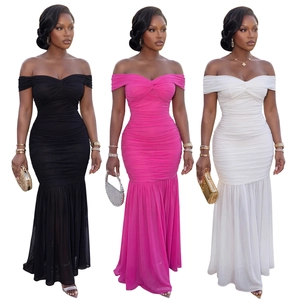 Elegant off-shoulder pleated mesh long dress in black, pink, and white options