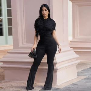 Elegant black slim-fit jumpsuit with ruched details and stylish flared wide-leg trousers