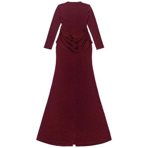 Detail of wine red maxi dress featuring metallic shimmer fabric and ruched waist texture
