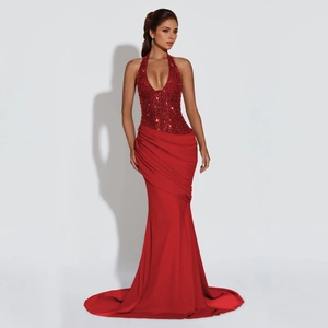 Elegant red halter sequin mermaid evening dress with pleated waist and floor-length hem